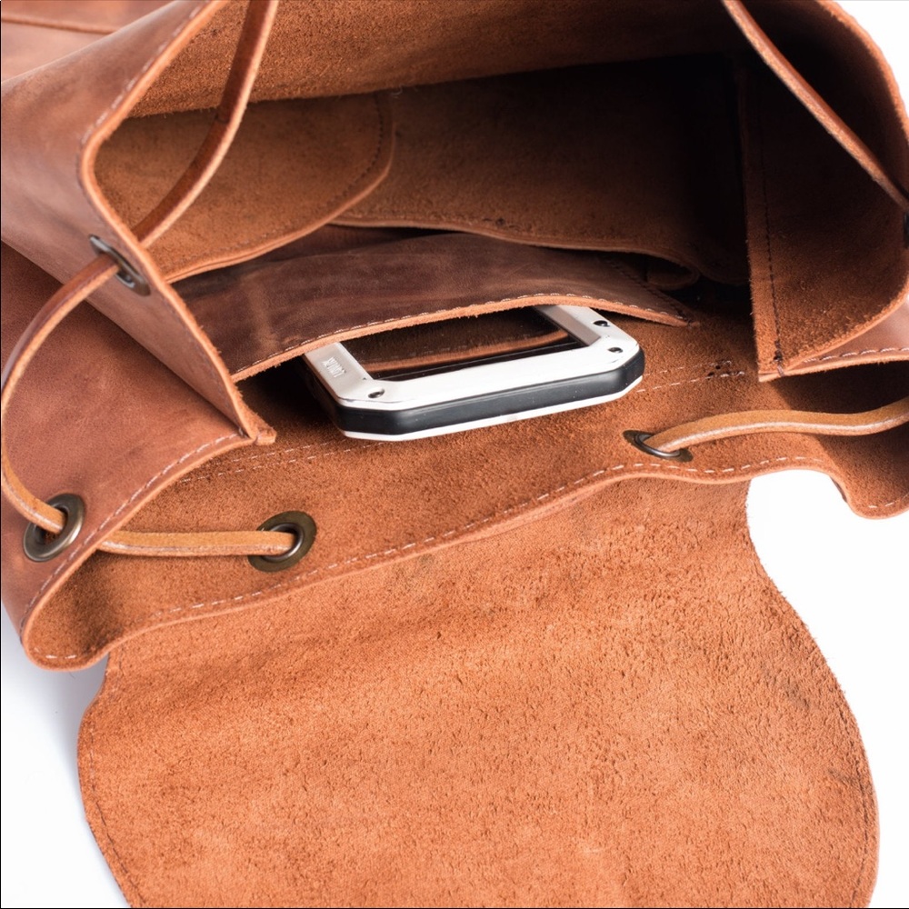 Women's Leather Drawstring Backpack in Cognac Brown - Picture 3 of 7